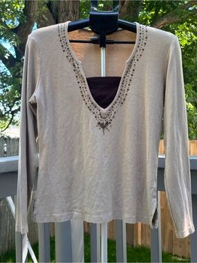 Fashion Bug Beige Long Sleeve Top with Beaded V-Neck